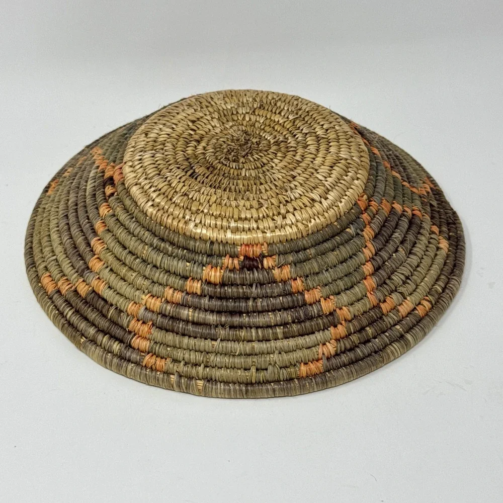 Vintage Handwoven Coiled Grass Basket Bowl Tribal Geometric Boho Decor 9